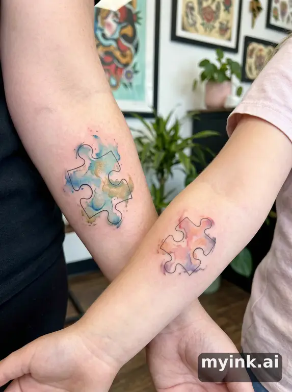 Parent and child matching puzzle pieces in fine-line style — Watercolor Tattoo Design reference image