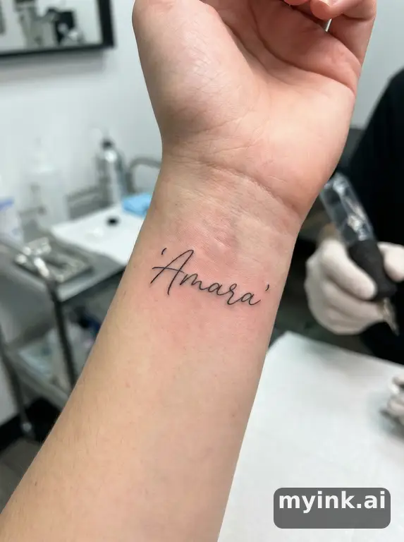 Handwritten name in delicate cursive script — Minimalist Tattoo Design reference image