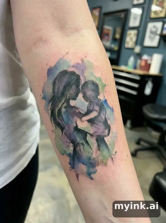 Mother and child silhouette in watercolor ink style — Watercolor Tattoo Design reference image