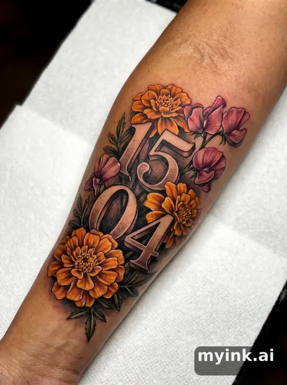 Birth date numbers surrounded by birth month flowers — Realistic Tattoo Design reference image