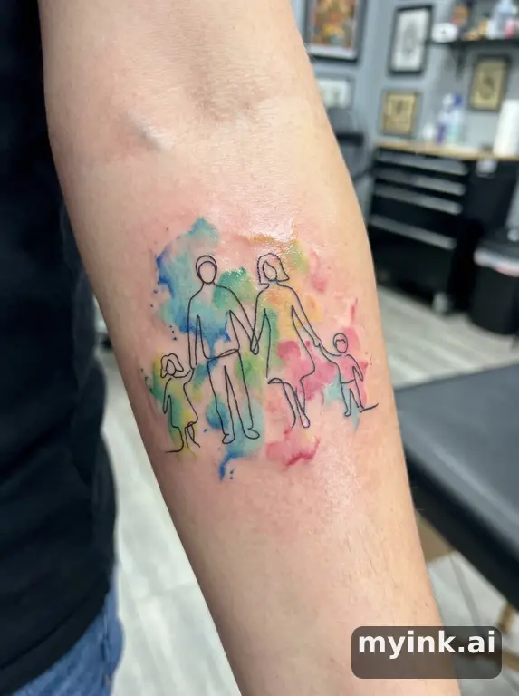 Minimalist family stick figures holding hands in single continuous line — Watercolor Tattoo Design reference image