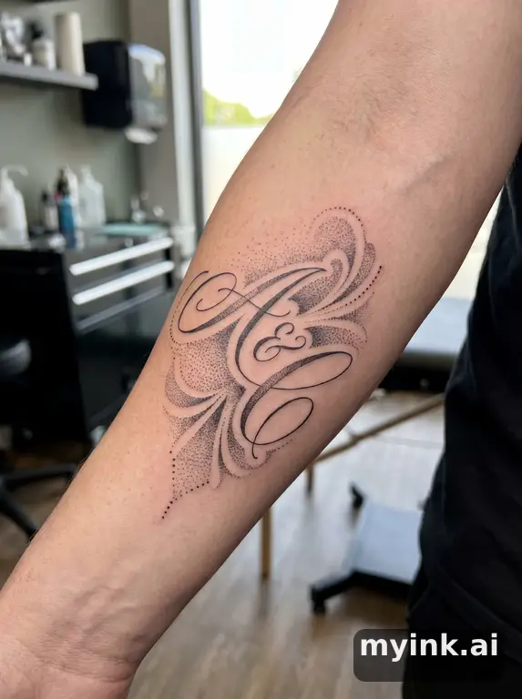 Elegant intertwined initials in fine-line calligraphy script — Dotwork Tattoo Design reference image
