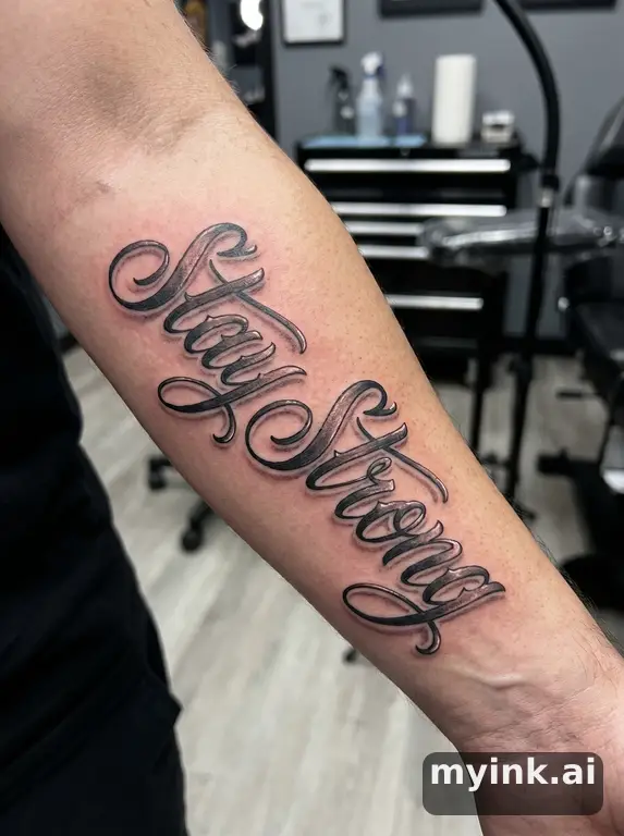 Phrase 'Stay Strong' in script — Realistic Tattoo Design reference image