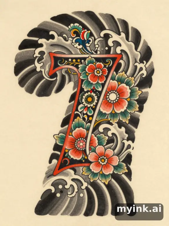 Single capital letter with ornate floral embellishments — Japanese Tattoo Design reference image