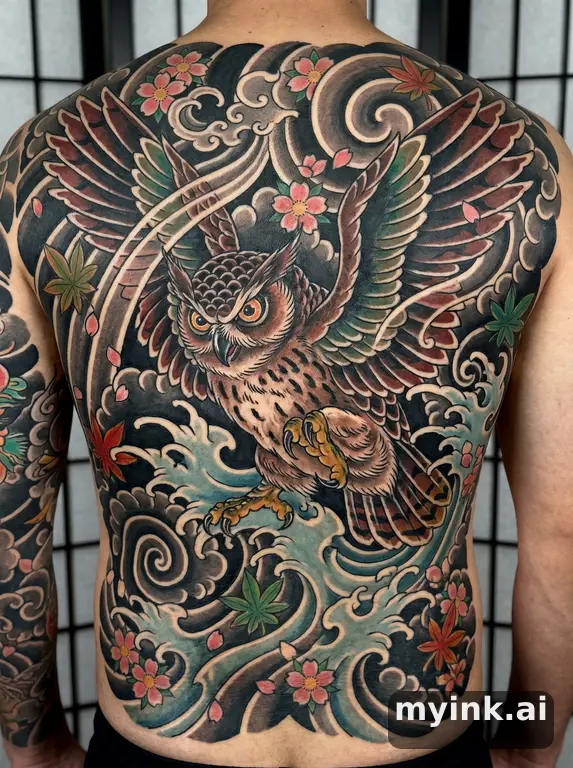 Owl with spread wings — Japanese Tattoo Design reference image
