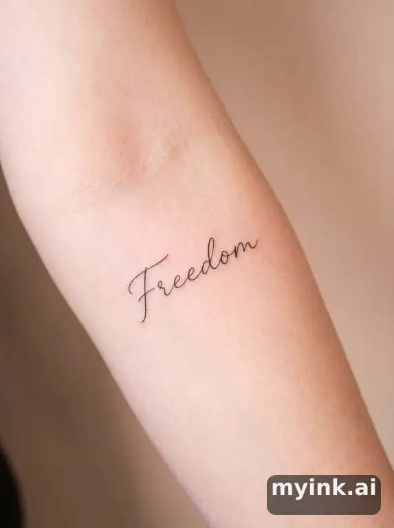 Word 'Freedom' in cursive lettering — Minimalist Tattoo Design reference image