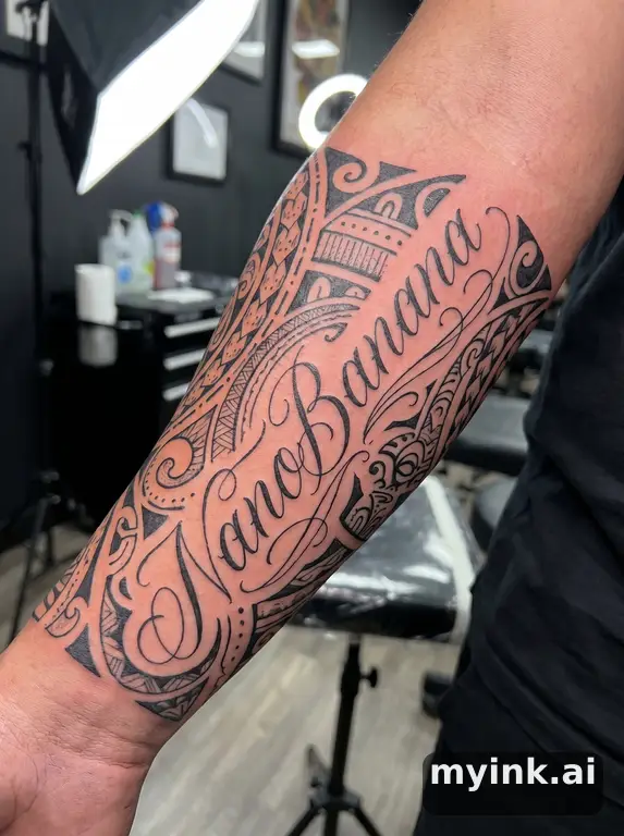 Handwritten name in delicate cursive script — Tribal Tattoo Design reference image