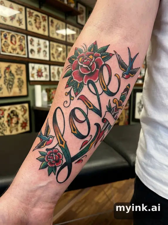 Word 'Love' in elegant handwriting — Traditional Tattoo Design reference image