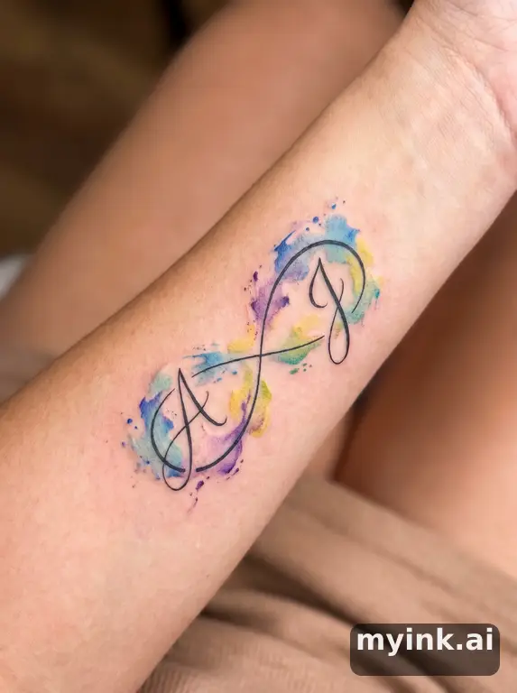 Two initials connected by an infinity loop in minimalist line art — Watercolor Tattoo Design reference image