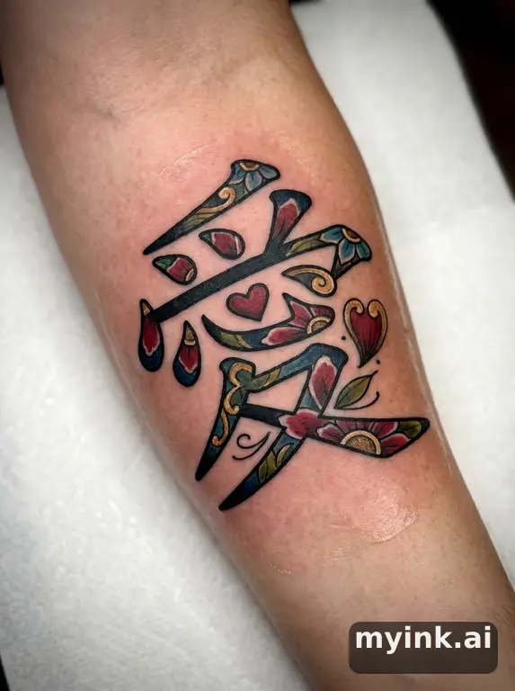 Chinese character '愛' (love) — Neotraditional Tattoo Design reference image