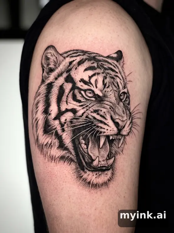 Roaring tiger — Dotwork Tattoo Design reference image