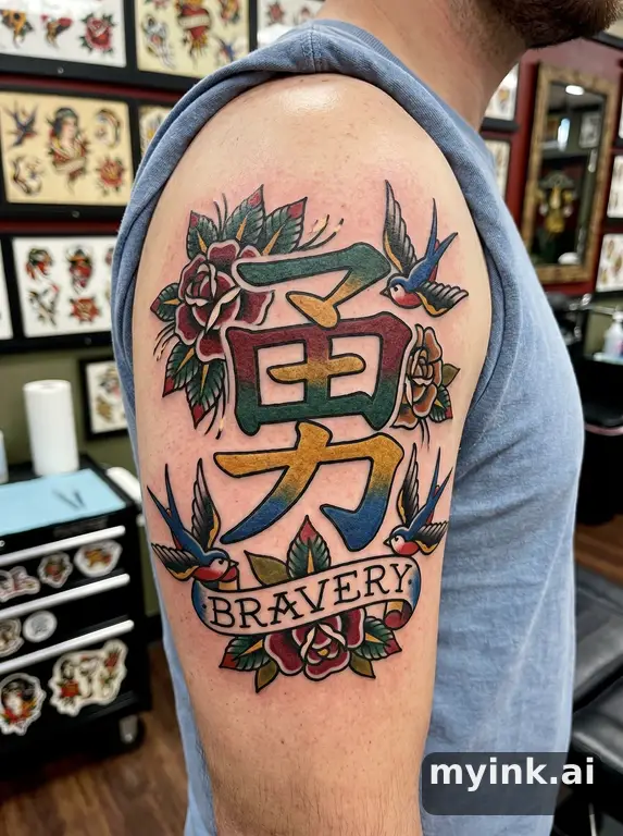 Chinese character '勇' (bravery) — Traditional Tattoo Design reference image