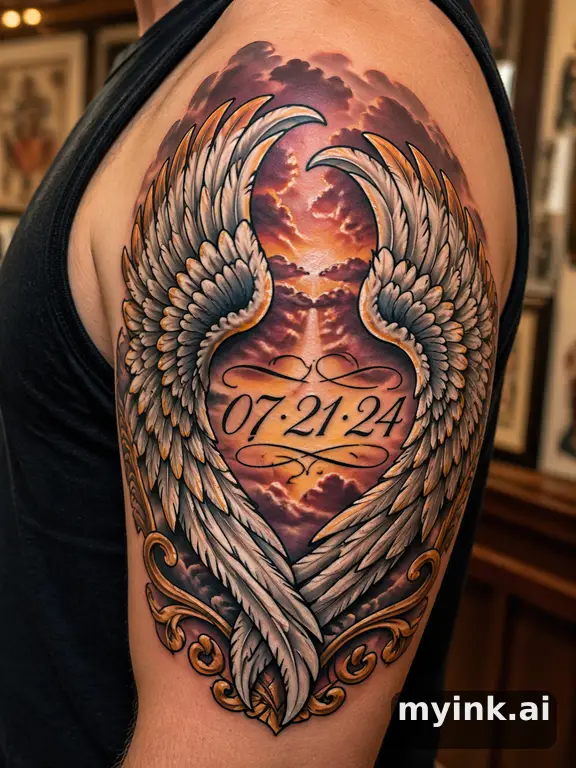 Angel wings cradling a date in elegant script — Neotraditional Tattoo Design reference image