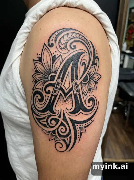 Single capital letter with ornate floral embellishments — Tribal Tattoo Design reference image