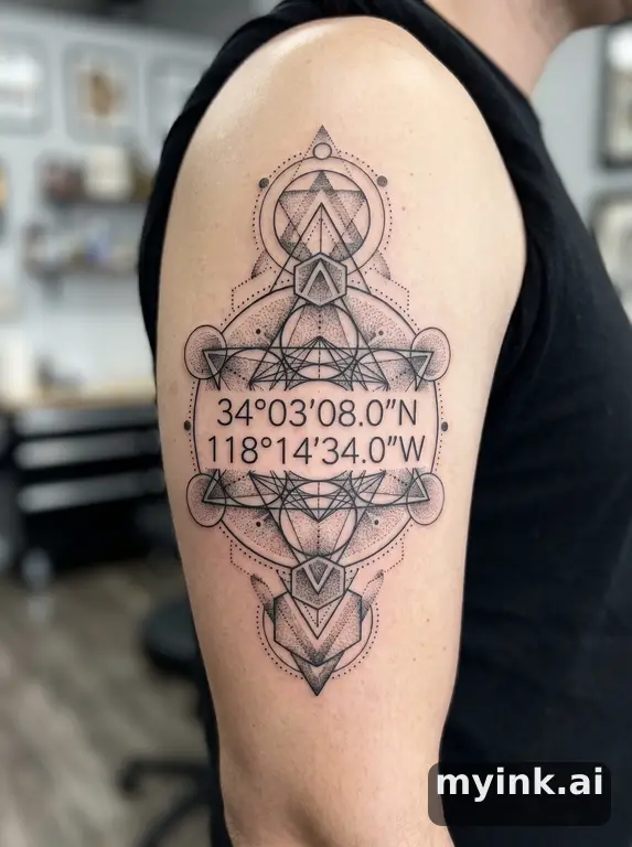 Coordinates numbers in clean sans-serif font — Geometric Tattoo Design reference image