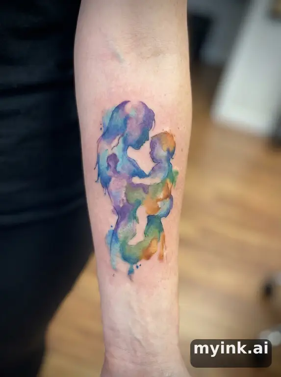 Mother and child silhouette in watercolor ink style — Watercolor Tattoo Design reference image