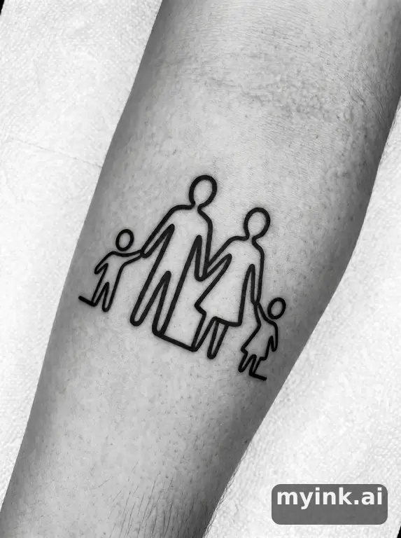 Minimalist family stick figures holding hands in single continuous line — Blackwork Tattoo Design reference image
