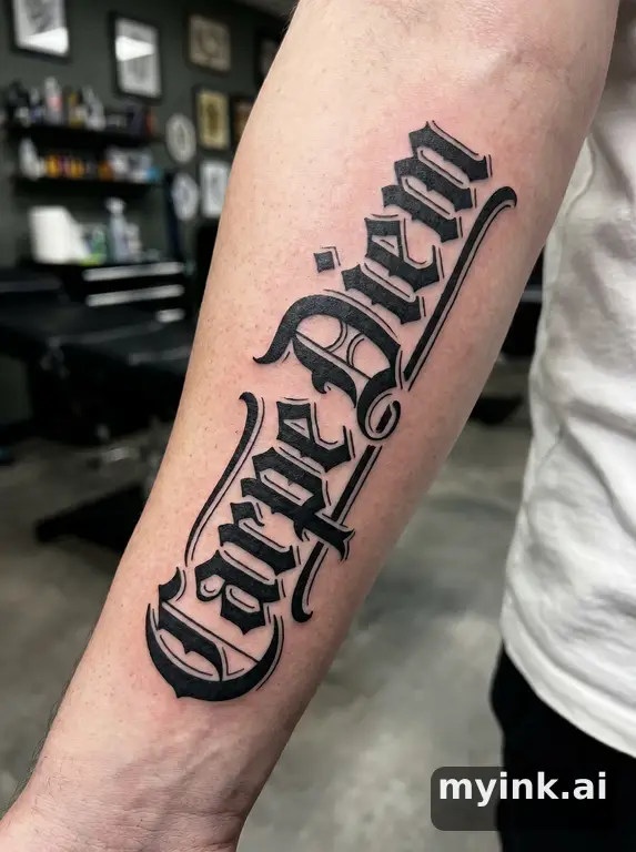 Phrase 'Carpe Diem' in vintage lettering — Blackwork Tattoo Design reference image