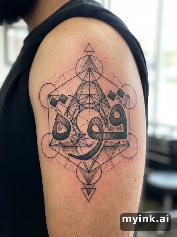 Arabic calligraphy writing 'قوة' (strength) — Geometric Tattoo Design reference image