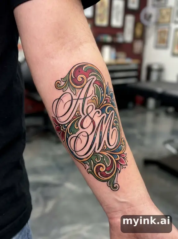 Elegant intertwined initials in fine-line calligraphy script — Neotraditional Tattoo Design reference image
