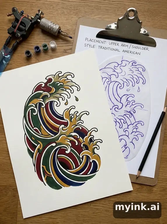 Consultation-ready Japanese wave tattoo plan with stencil and placement notes — Traditional Tattoo Design reference image