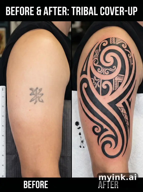 Before-and-after cover-up direction that absorbs an old small symbol — Tribal Tattoo Design reference image