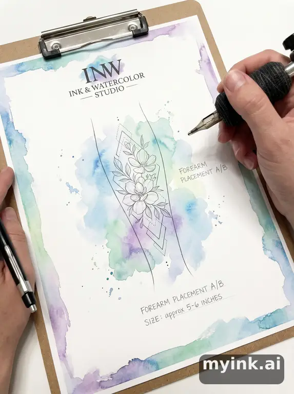 First tattoo consultation sheet with a fine-line forearm design and placement notes — Watercolor Tattoo Design reference image