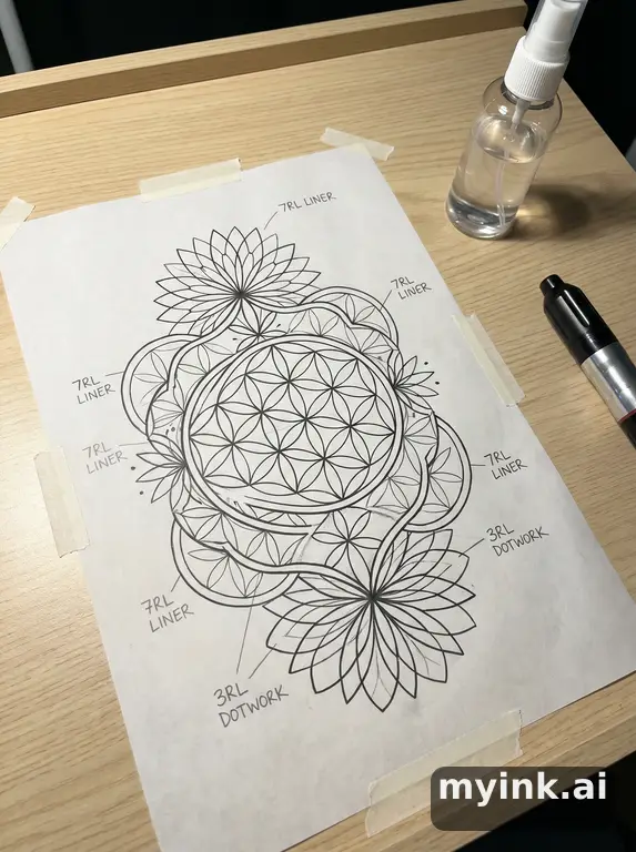 Clean stencil-ready botanical tattoo with line weight annotations — Geometric Tattoo Design reference image