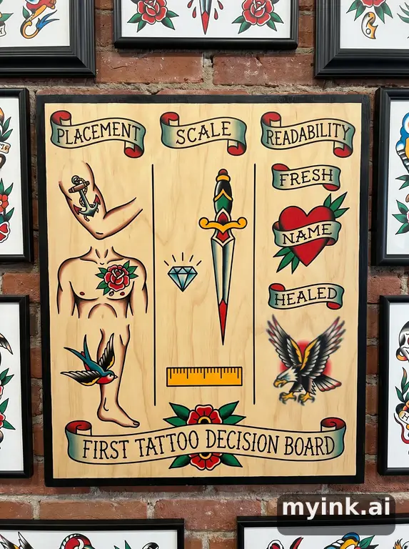 First tattoo decision board comparing placement — Traditional Tattoo Design reference image