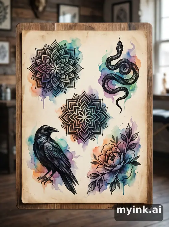 Cover-up tattoo planning board showing five blackwork directions — Watercolor Tattoo Design reference image