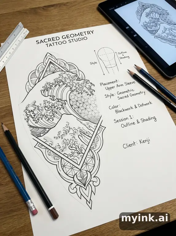 Consultation-ready Japanese wave tattoo plan with stencil and placement notes — Geometric Tattoo Design reference image