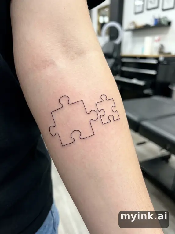 Parent and child matching puzzle pieces in fine-line style — Minimalist Tattoo Design reference image
