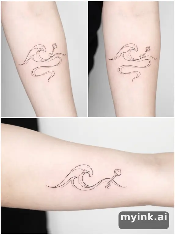Three symbolic memorial tattoo routes based on ocean waves and a small key — Minimalist Tattoo Design reference image