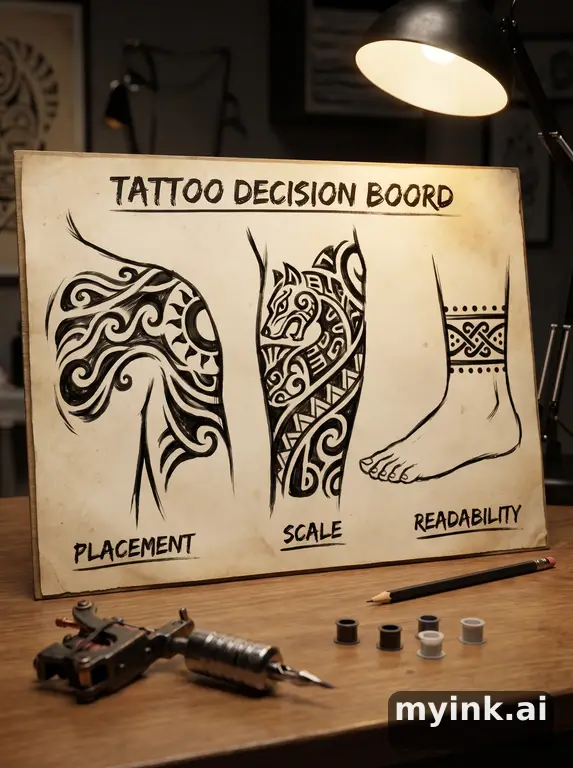 First tattoo decision board comparing placement — Tribal Tattoo Design reference image