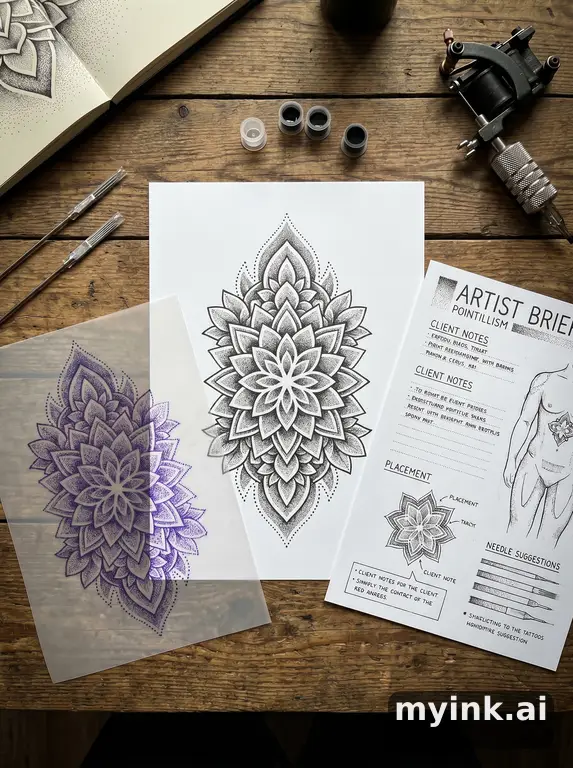 Private tattoo planning pack layout with main design — Dotwork Tattoo Design reference image