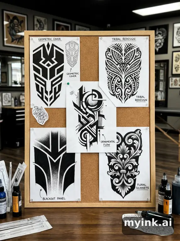 Cover-up tattoo planning board showing five blackwork directions — Blackwork Tattoo Design reference image