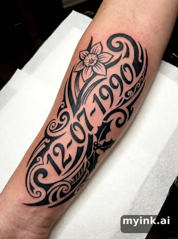 Birth date numbers surrounded by birth month flowers — Tribal Tattoo Design reference image