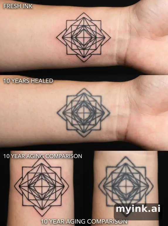 Tattoo aging comparison for a minimalist wrist design over ten years — Geometric Tattoo Design reference image