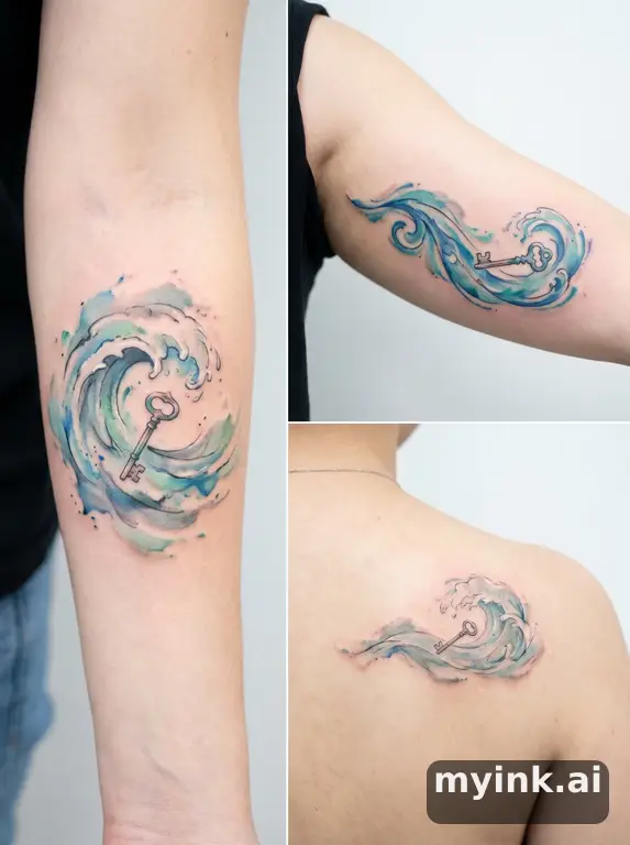 Three symbolic memorial tattoo routes based on ocean waves and a small key — Watercolor Tattoo Design reference image