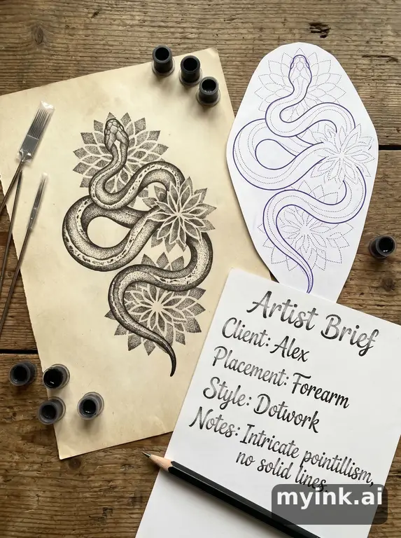 Private tattoo planning pack layout with main design — Dotwork Tattoo Design reference image