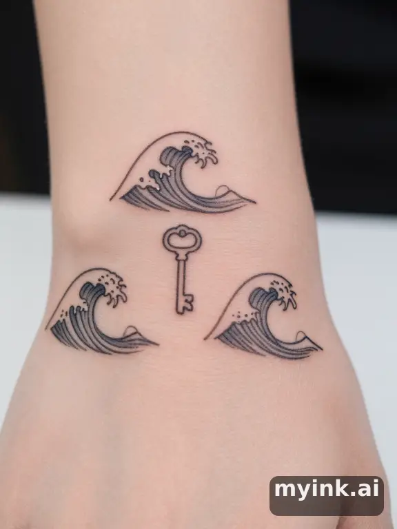 Three symbolic memorial tattoo routes based on ocean waves and a small key — Minimalist Tattoo Design reference image