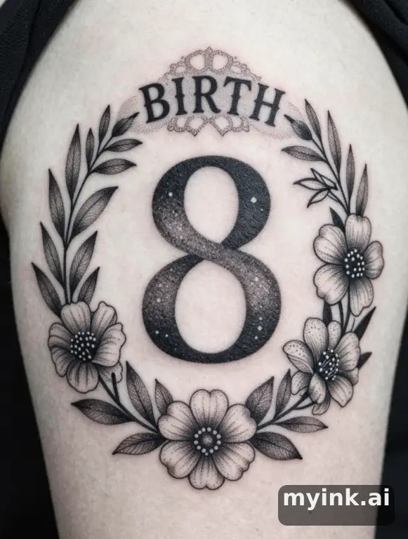 Birth date numbers surrounded by birth month flowers — Dotwork Tattoo Design reference image