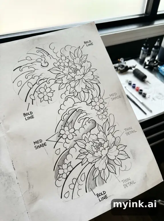 Clean stencil-ready botanical tattoo with line weight annotations — Japanese Tattoo Design reference image