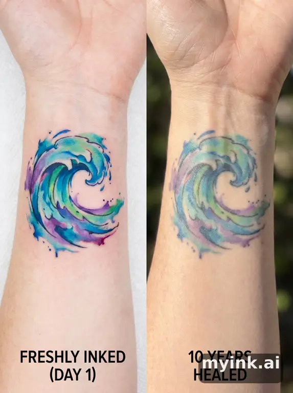 Tattoo aging comparison for a minimalist wrist design over ten years — Watercolor Tattoo Design reference image