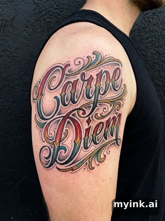 Phrase 'Carpe Diem' in vintage lettering — Neotraditional Tattoo Design reference image