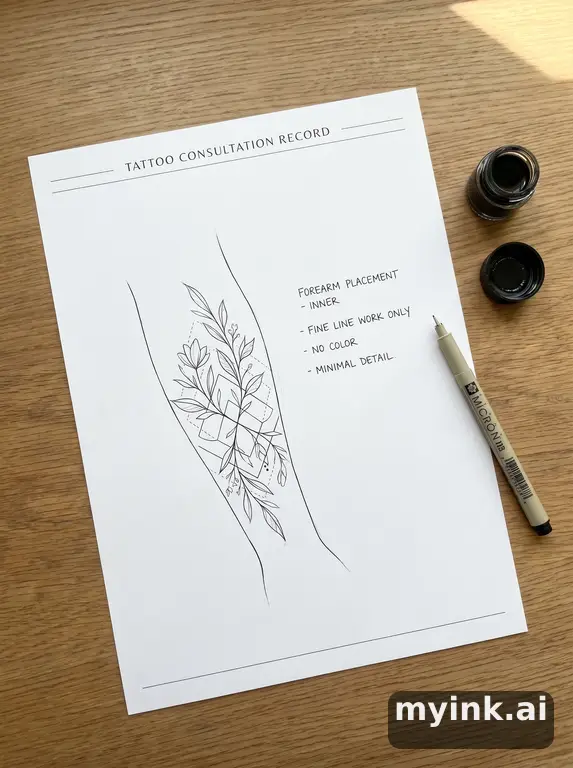 First tattoo consultation sheet with a fine-line forearm design and placement notes — Minimalist Tattoo Design reference image