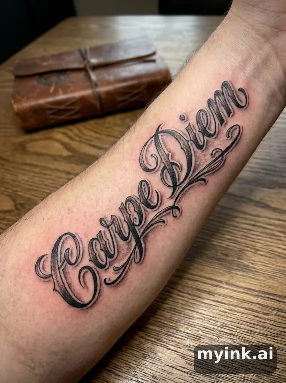 Phrase 'Carpe Diem' in vintage lettering — Realistic Tattoo Design reference image