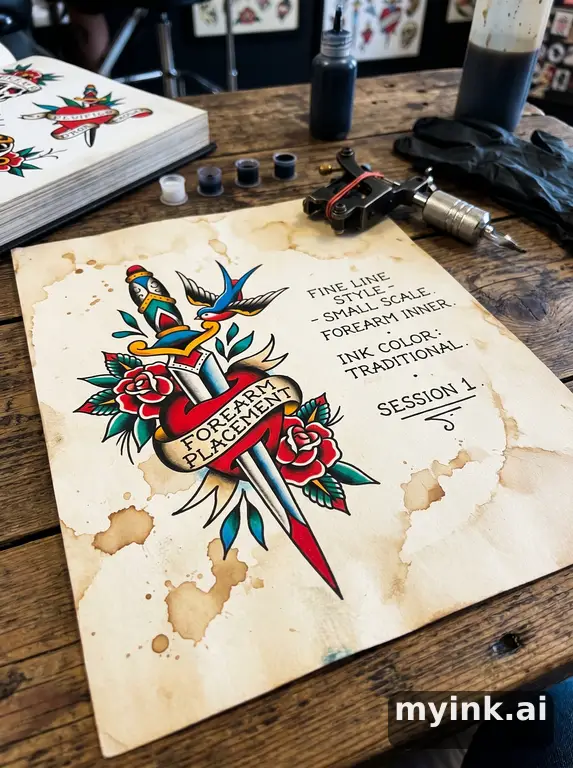 First tattoo consultation sheet with a fine-line forearm design and placement notes — Traditional Tattoo Design reference image
