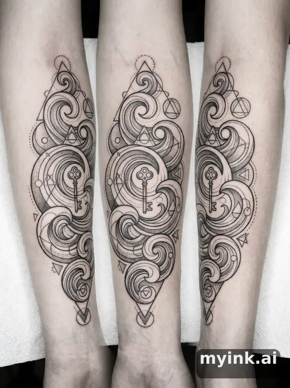 Three symbolic memorial tattoo routes based on ocean waves and a small key — Geometric Tattoo Design reference image