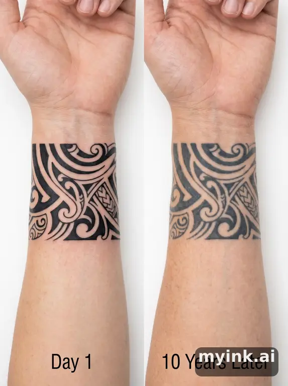 Tattoo aging comparison for a minimalist wrist design over ten years — Tribal Tattoo Design reference image